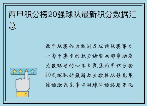 西甲积分榜20强球队最新积分数据汇总